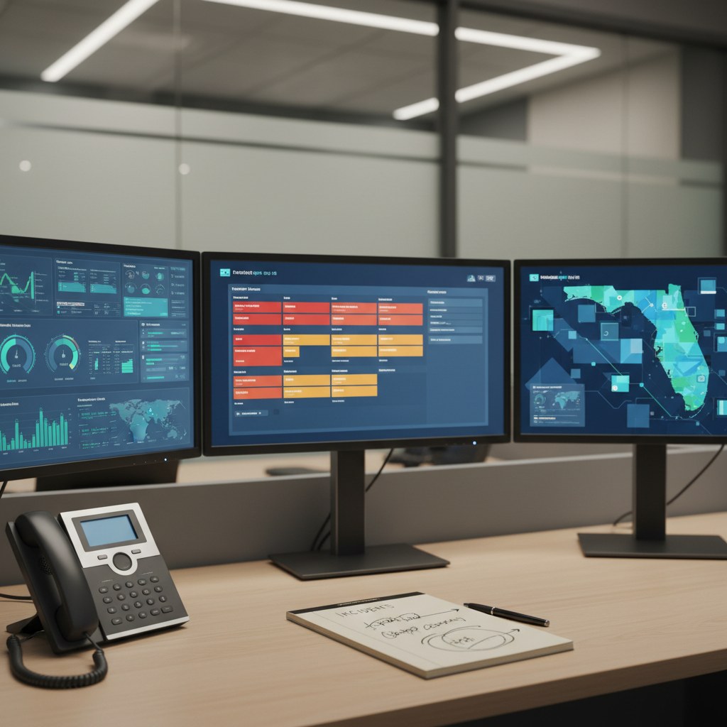 Operations workstation with three monitors showing dashboards, tickets, and a regional map